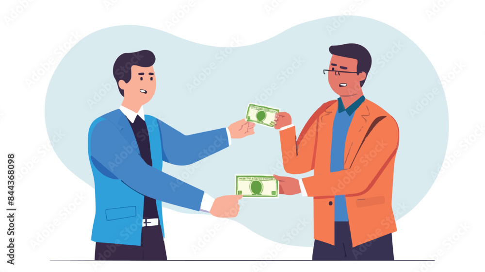 Fototapeta premium Two businessmen holding dollar. Making business together, financial advice, controlling market