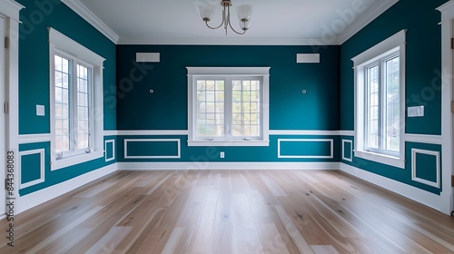 a living room with teal blue walls and white trim on the walls  hardwood flooring is light wood