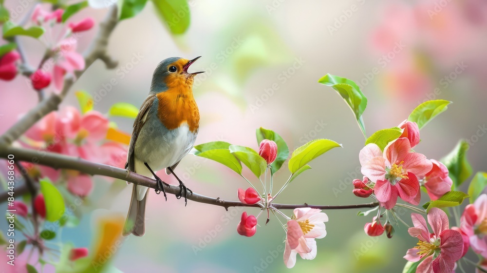 A robin perched gracefully on a sturdy branch of a leafy tree. The bird's vibrant red breast stands out against the lush green foliage in the background A robin perched gracefully on a sturdy branch of a leafy tree. The bird's vibrant red breast stands out against the lush green foliage in the background
