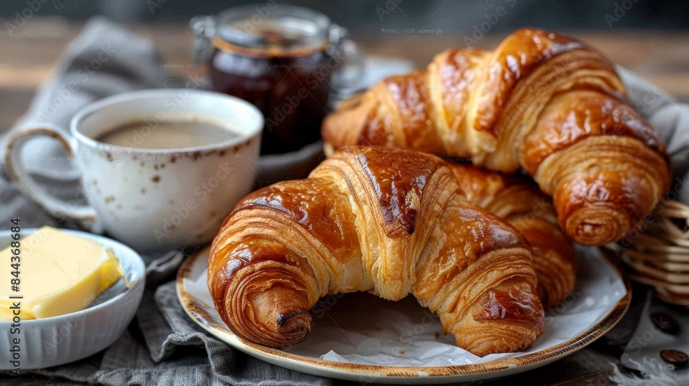Croissants: A basket of freshly baked croissants, golden and flaky, a side of butter, and a jar of jam. Traditional French breakfast. Croissants: A basket of freshly baked croissants, golden and flaky, a side of butter, and a jar of jam. Traditional French breakfast.