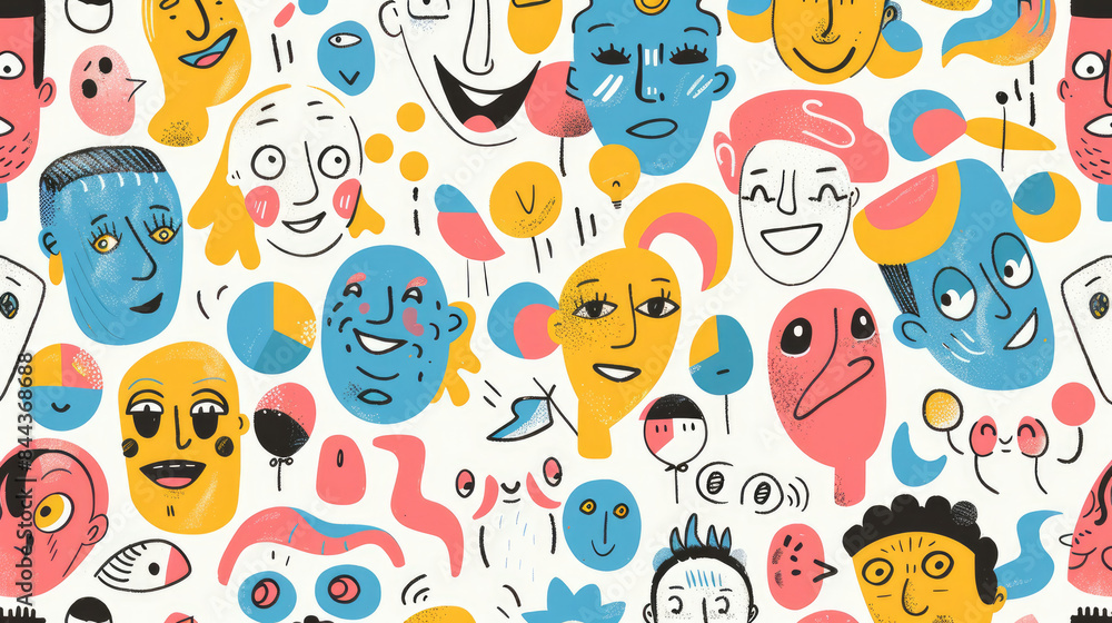 Expressive Hand-Drawn Faces in Colorful Doodle Pattern Expressive Hand-Drawn Faces in Colorful Doodle Pattern