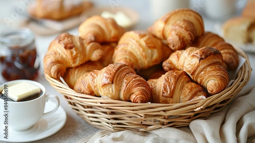 Croissants  A basket of freshly baked croissants  golden and flaky  a side of butter  and a jar of jam. Traditional French breakfast.