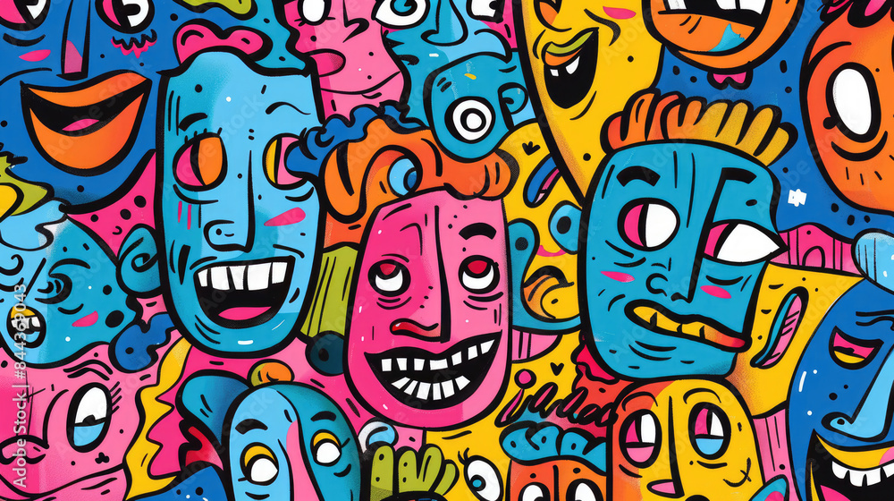 Obraz premium Expressive Hand-Drawn Faces in Colorful Doodle Pattern