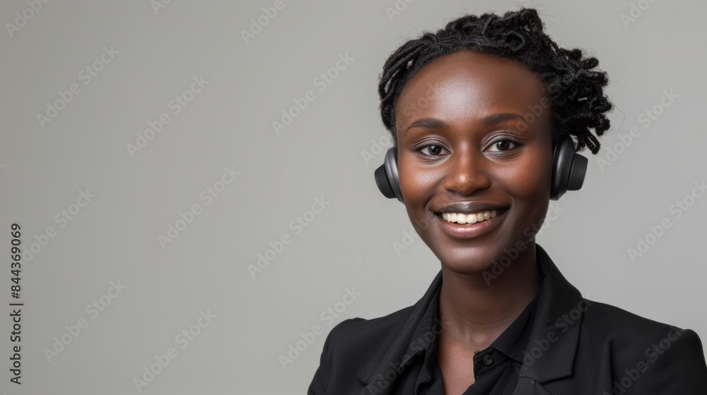 A photo of a smiling service-minded African American woman wearing a headset as a studio call center employee is photographed on a light gray banner background. A photo of a smiling service-minded African American woman wearing a headset as a studio call center employee is photographed on a light gray banner background.