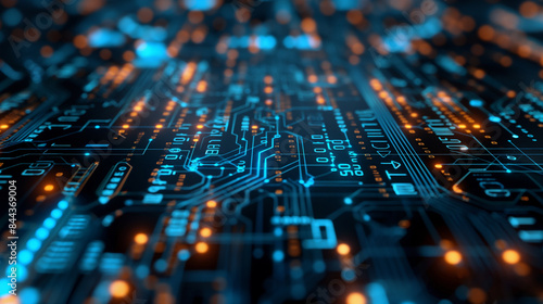 Circuit board and code orange and blue technology background PCB technology background and code Futuristic server code processing circuit board 3D illustration