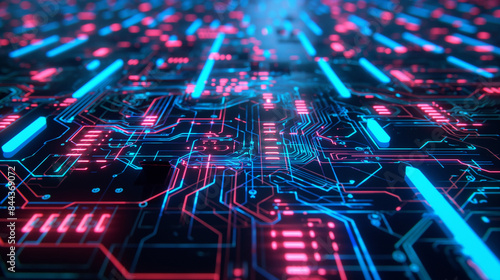 Circuit board and code orange and blue technology background PCB technology background and code Futuristic server code processing circuit board 3D illustration
