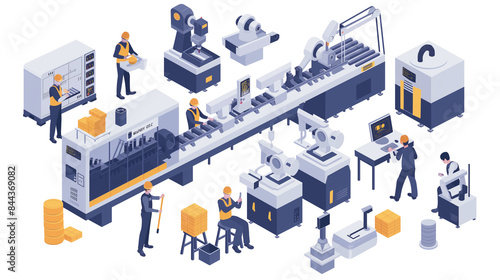 Isometric smart industrial factory, concept of automatic robot assembly in factory automatic system and factory engineer workers Illustration of production technology