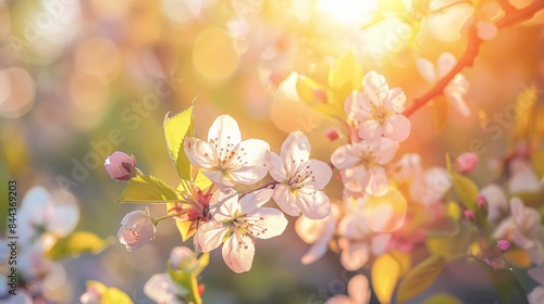 spring flower background Beautiful nature scene with blooming trees and sunlight. Sunny day. spring flowers beautiful orchard Abstract blur background
