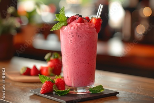 Closeup of a Pink Smoothie With Strawberries and Mint in a Glass