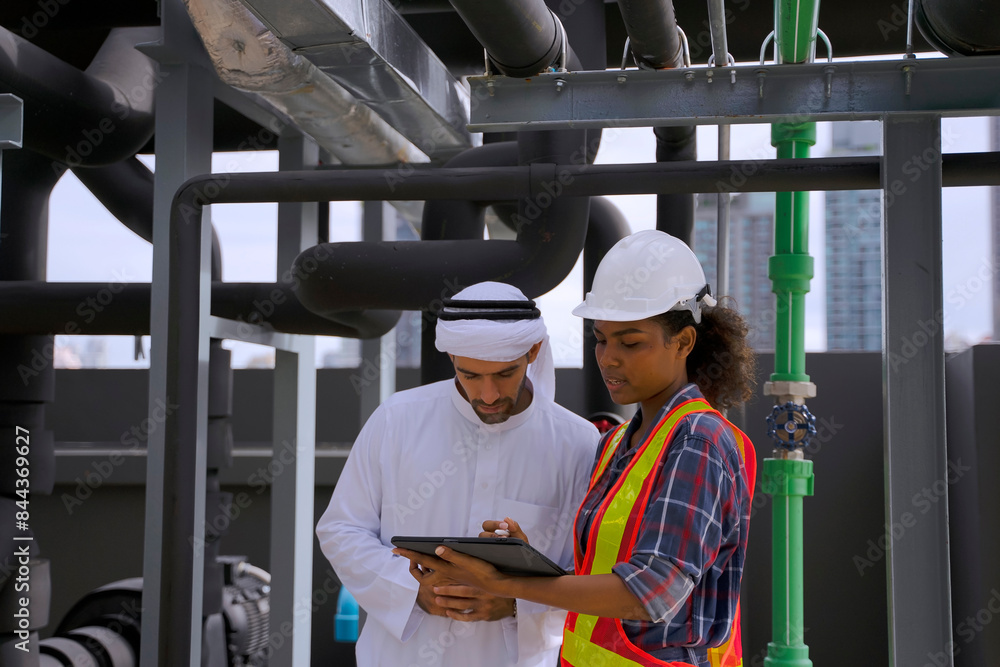 Middle eastern man and African woman are working together on rooftop. Middle eastern man and African woman are working together on rooftop.