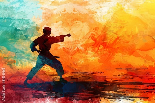 Abstract colorful illustration of karate player. Ai generative art © Drpixel