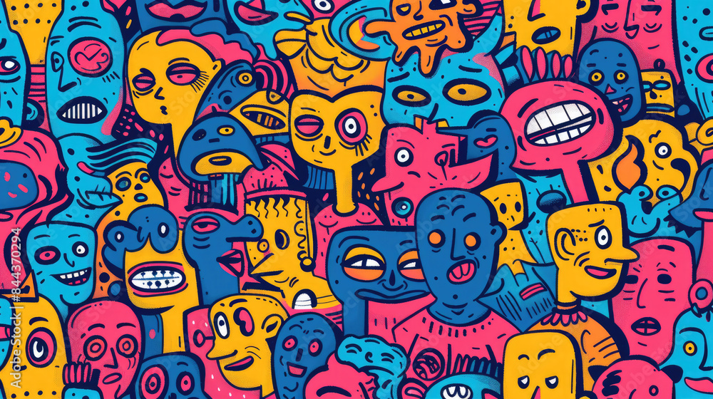 Expressive Hand-Drawn Faces in Colorful Doodle Pattern Expressive Hand-Drawn Faces in Colorful Doodle Pattern
