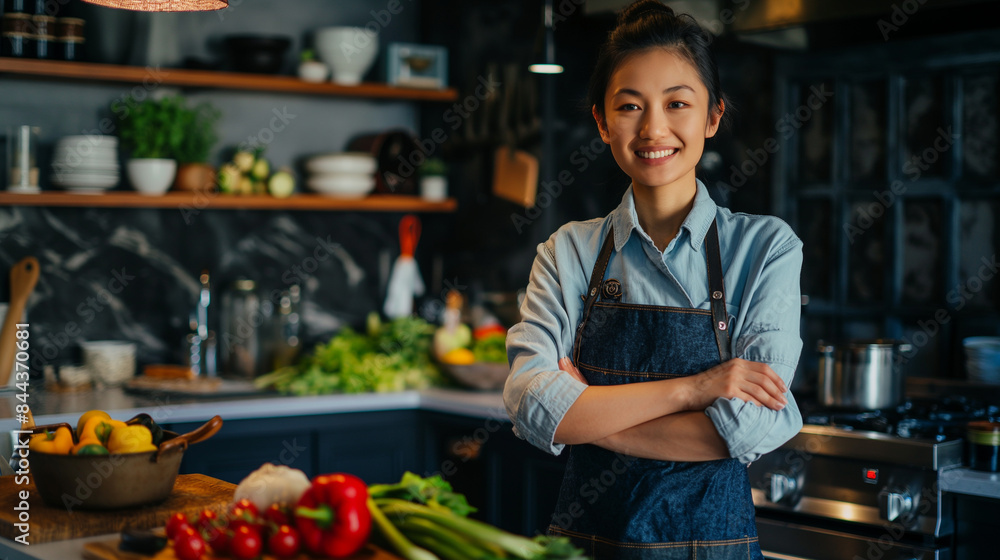 Portrait of an Asian housewife in the kitchen at home. Tutor's cooking and cooking in the kitchen. Cutting vegetables. Cooking ideas. Portrait of an Asian housewife in the kitchen at home. Tutor's cooking and cooking in the kitchen. Cutting vegetables. Cooking ideas.