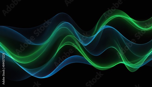 Black background with dark blue and green lines and waves futuristic abstract technology wallpaper. Dark Blue-Green Futuristic Abstraction