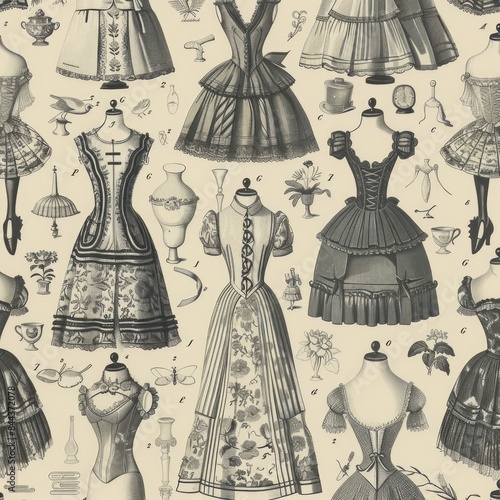 Generate a tileable background featuring vintage fashion illustrations and dress forms, ensuring no visible edges or seams, a seamless pattern