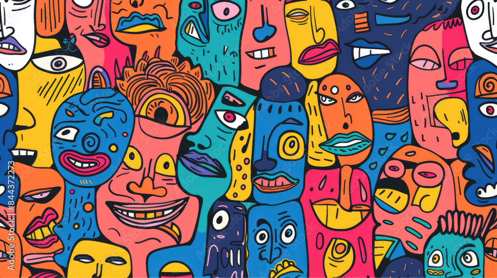 Colorful Happy Face Doodle Expressions Playful Hand-drawn Pattern Colorful Happy Face Doodle Expressions Playful Hand-drawn Pattern
