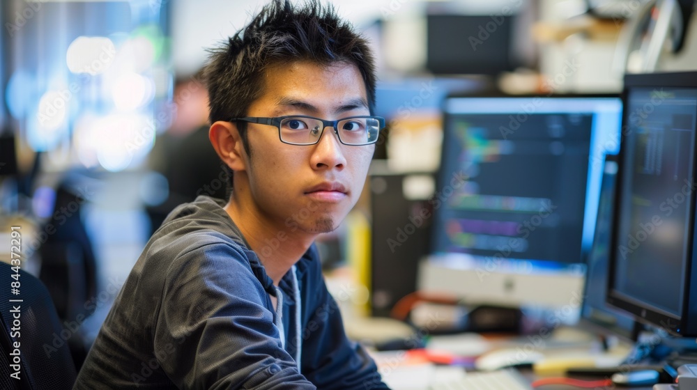 Photo of a young Asian programmer working in the office. Photo of a young Asian programmer working in the office.