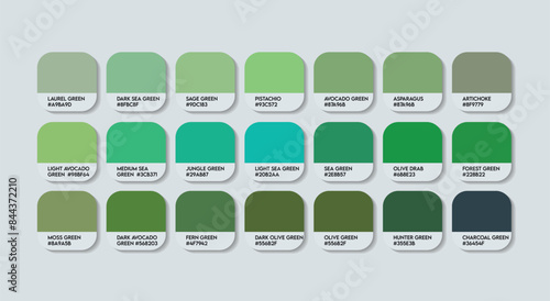 Avocado Color Palette, Avocado Color Guide Palette with Color Names. Catalog Samples of Avocado with RGB HEX codes and Names. Avocado Colors Palette Vector, Fashion Trend Green Color Palette