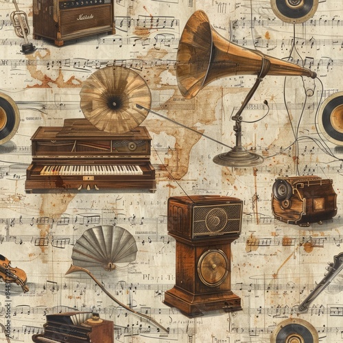 Produce a tileable background of vintage musical instruments like gramophones and old pianos, crafted to join seamlessly in all directions, a seamless pattern photo