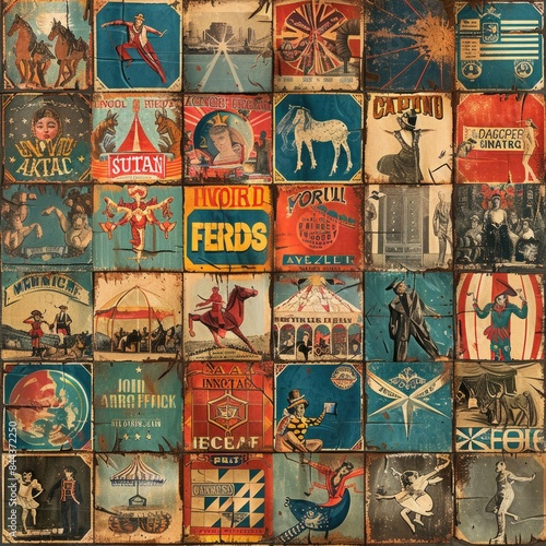 Produce a tileable background of vintage circus posters and carnival scenes, crafted to join seamlessly in all directions, a seamless pattern