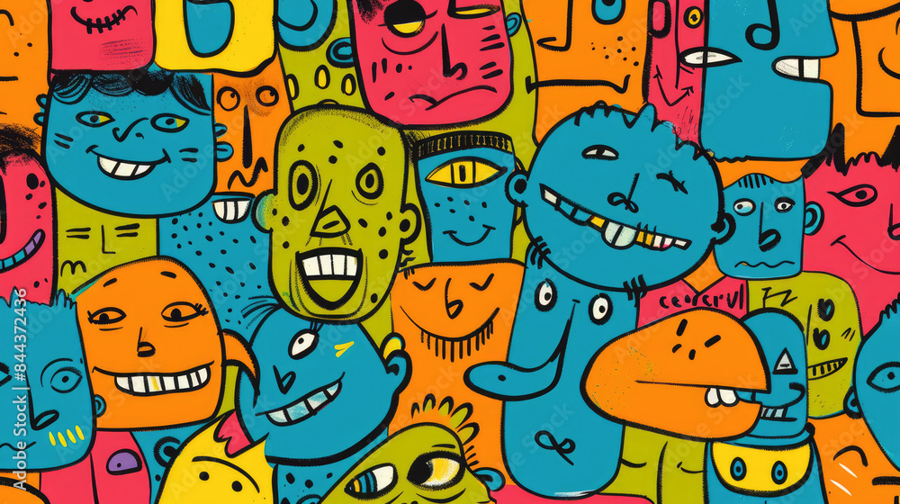 Colorful Happy Face Doodle Expressions Playful Hand-drawn Pattern Colorful Happy Face Doodle Expressions Playful Hand-drawn Pattern
