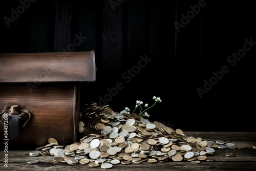 Vintage coins display on aged wood table with open casket and scattered antique currency photo