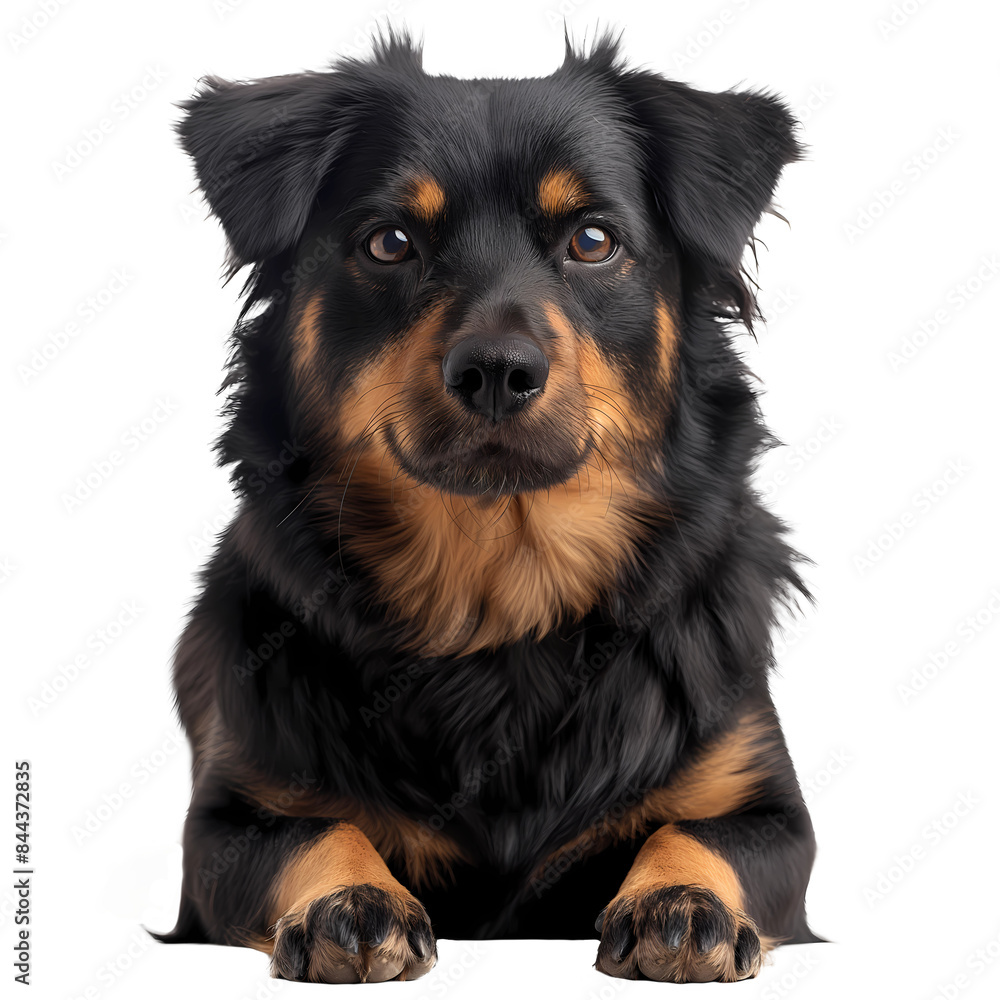 A black and brown dog with a brown spot on its face is laying down on a white ba A black and brown dog with a brown spot on its face is laying down on a white ba