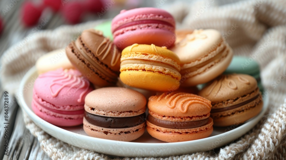 Fototapeta premium Macarons: A colorful assortment of macarons in various flavors arranged neatly on a white plate. 