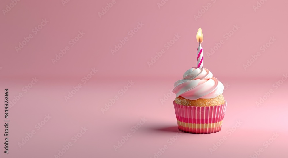 Cupcake with candle on pastel background, banner design. Birthday cupcake with colorful sprinkles and candles on a pink blue gradient background.Design for a birthday party invitation or greeting card Cupcake with candle on pastel background, banner design. Birthday cupcake with colorful sprinkles and candles on a pink blue gradient background.Design for a birthday party invitation or greeting card