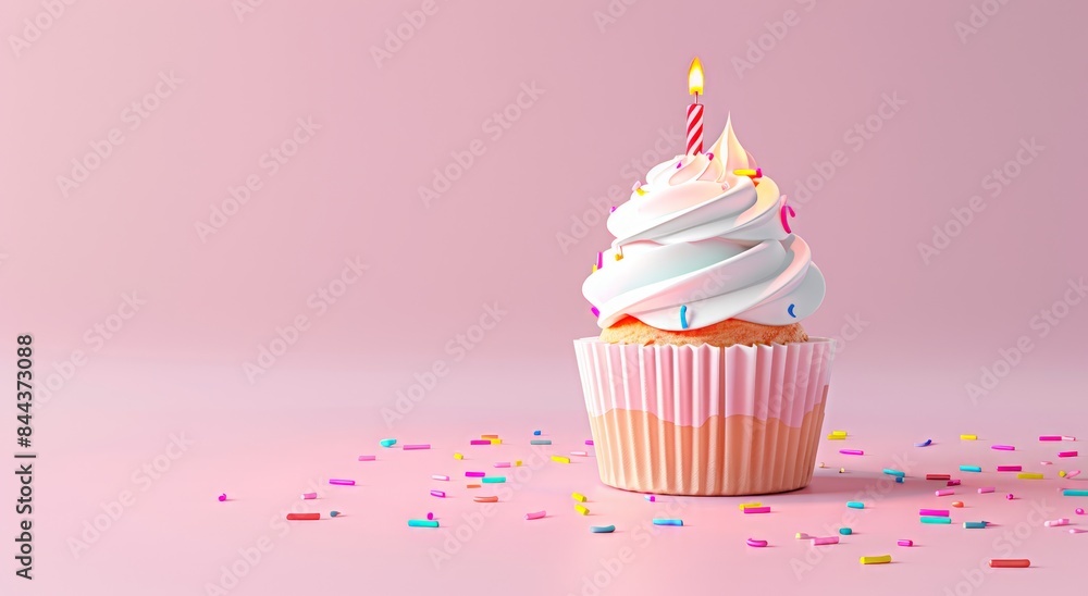 Cupcake with candle on pastel background, banner design. Birthday cupcake with colorful sprinkles and candles on a pink blue gradient background.Design for a birthday party invitation or greeting card Cupcake with candle on pastel background, banner design. Birthday cupcake with colorful sprinkles and candles on a pink blue gradient background.Design for a birthday party invitation or greeting card