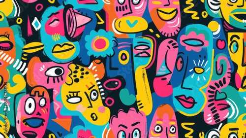 Colorful Happy Face Doodle Expressions Playful Hand-drawn Pattern