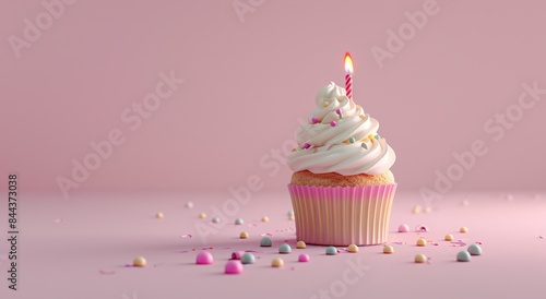 Cupcake with candle on pastel background  banner design. Birthday cupcake with colorful sprinkles and candles on a pink blue gradient background.Design for a birthday party invitation or greeting card