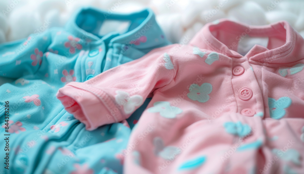 Two baby onesies, one blue and one pink, are laid out on a bed Two baby onesies, one blue and one pink, are laid out on a bed