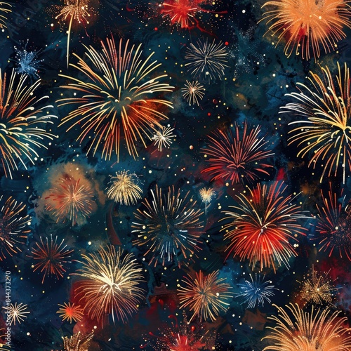 Create a seamless background of midnight countdown scenes with fireworks, designed to tile perfectly without visible seams, a seamless pattern