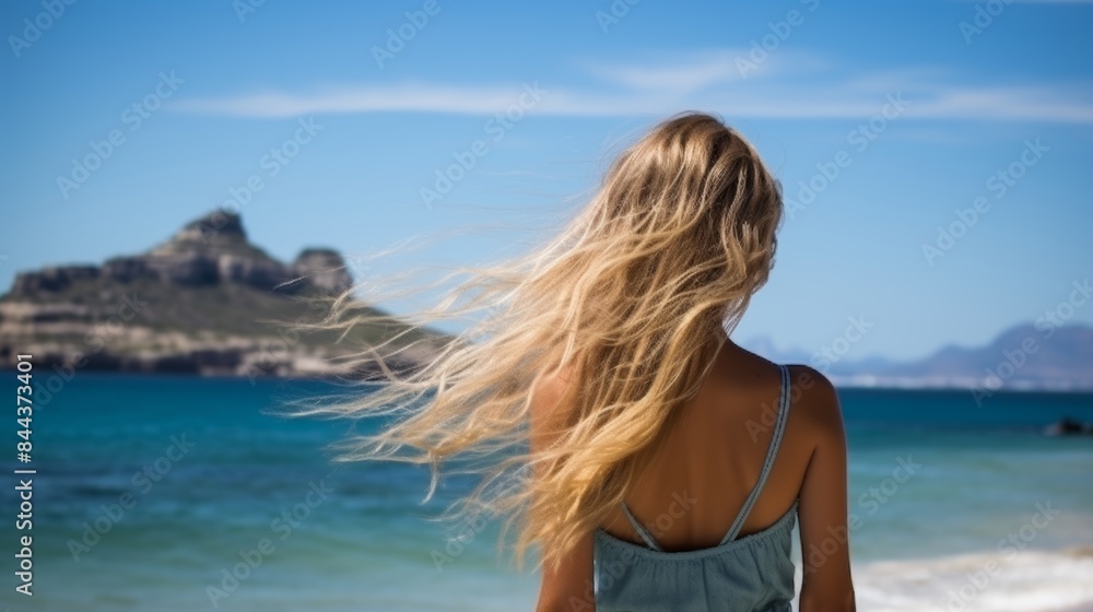 Blonde woman in bikini relaxing on sandy beach with serene blue sea backdrop for a tranquil scene