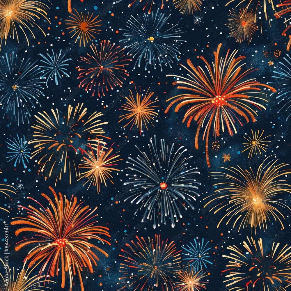 Create a seamless background of celebratory fireworks in a night sky, designed to tile perfectly without visible seams, a seamless pattern Create a seamless background of celebratory fireworks in a night sky, designed to tile perfectly without visible seams, a seamless pattern