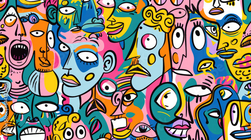Colorful Happy Face Doodle Expressions Playful Hand-drawn Pattern