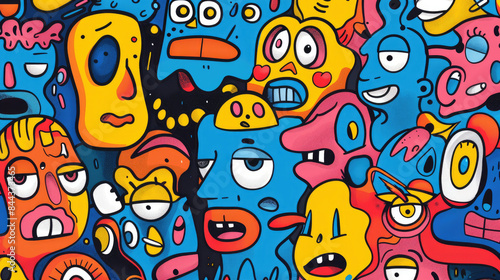 Colorful Happy Face Doodle Expressions Playful Hand-drawn Pattern