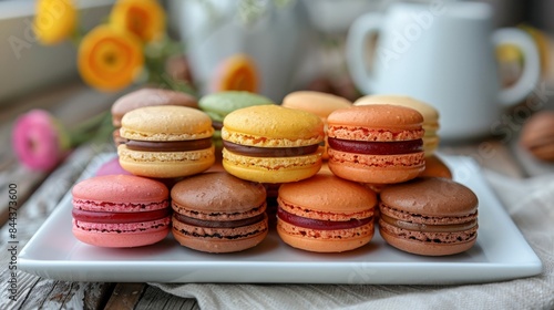 Macarons: A colorful assortment of macarons in various flavors arranged neatly on a white plate. 