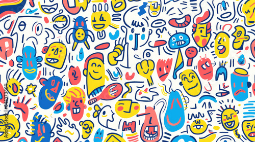 Colorful Happy Face Doodle Expressions Playful Hand-drawn Pattern