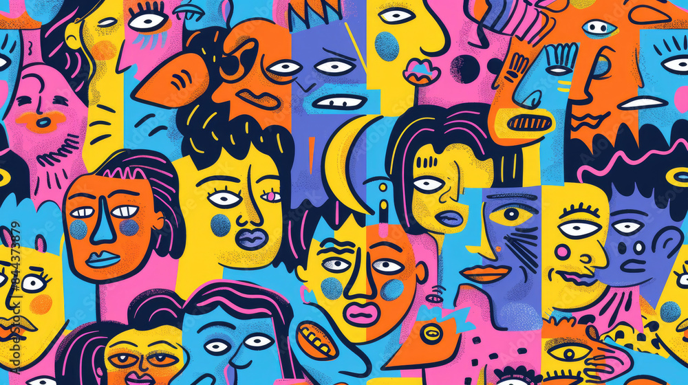 Colorful Happy Face Doodle Expressions Playful Hand-drawn Pattern Colorful Happy Face Doodle Expressions Playful Hand-drawn Pattern