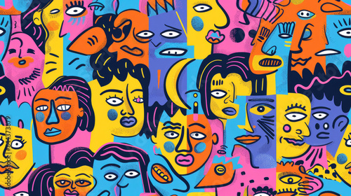 Colorful Happy Face Doodle Expressions Playful Hand-drawn Pattern