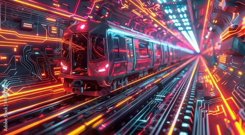 A futuristic digital art of an electric train moving through the city  surrounded by glowing circuit boards and neon lights. 