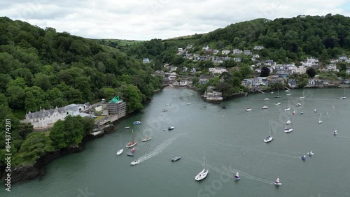 Warfleet, South Devon, England: DRONE VIEWS: Boats on the River Dart and Warfleet houses. Warfleet is a suburb of Dartmouth, a popular UK holiday destination and magnet for sailing enthusiasts (3). photo