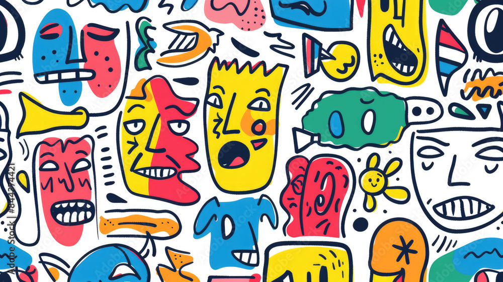 Colorful Happy Face Doodle Expressions Playful Hand-drawn Pattern Colorful Happy Face Doodle Expressions Playful Hand-drawn Pattern