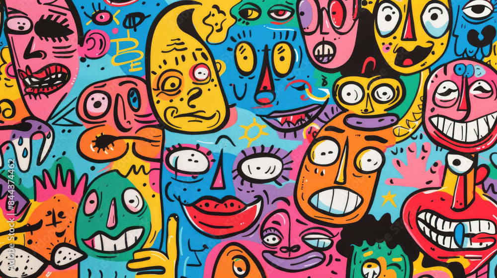 Colorful Happy Face Doodle Expressions Playful Hand-drawn Pattern