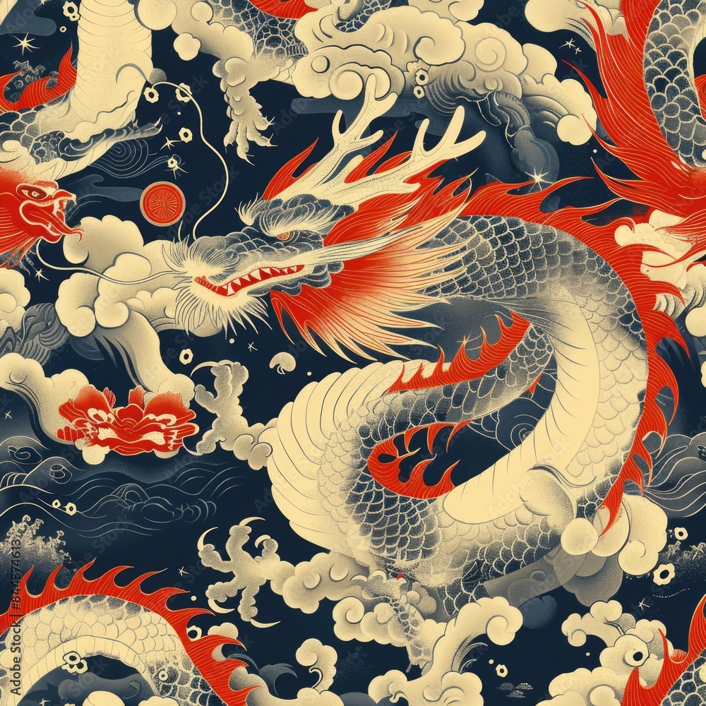 Design a seamless background with Japanese dragon motifs and mythological themes, suitable for use as a repeating pattern, a seamless pattern Design a seamless background with Japanese dragon motifs and mythological themes, suitable for use as a repeating pattern, a seamless pattern