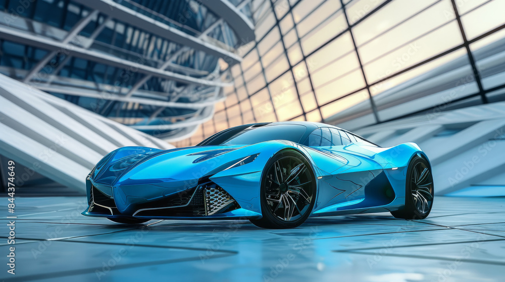 Obraz premium Shiny blue sports car on a futuristic urban background with geometric lines. Ideal for promoting luxury, technology, or award ceremonies.