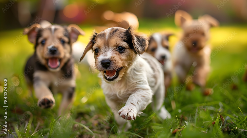A lively pack of puppies happily playing together in a lush green field. A lively pack of puppies happily playing together in a lush green field.
