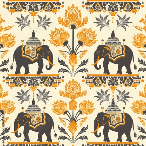 Design a seamless background with elephants and Thai cultural symbols, suitable for use as a repeating pattern, a seamless pattern